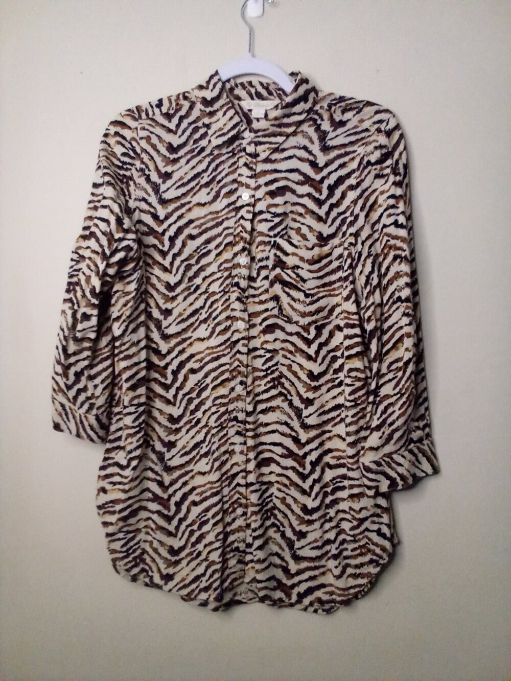Khakis & Co Shirt Women S Button Down 3/4 Sleeve Animal Print Tan Black